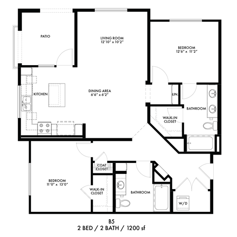 Floor plan for 2 beds, 2 baths, 1200 sqft